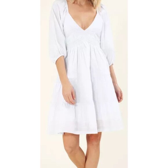 Hale Bob Womens Small Dress White Mini Fit Flare V Neck Tiered Cotton Boho Small - Picture 4 of 12